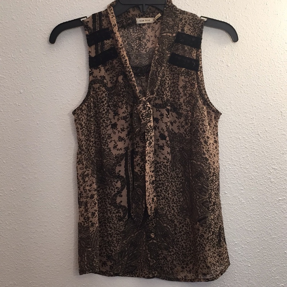 Blue bird brown and black blouse